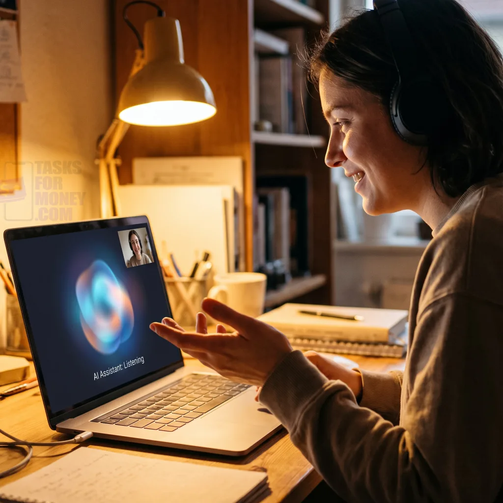 Lady talking to AI on the screen